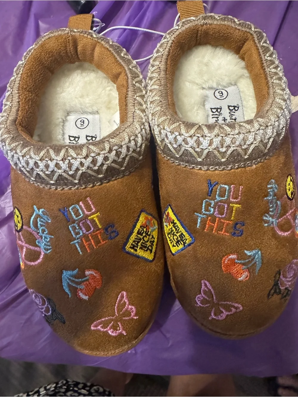 Kids Brown Embroidered Moccasin Slippers - You Got This
